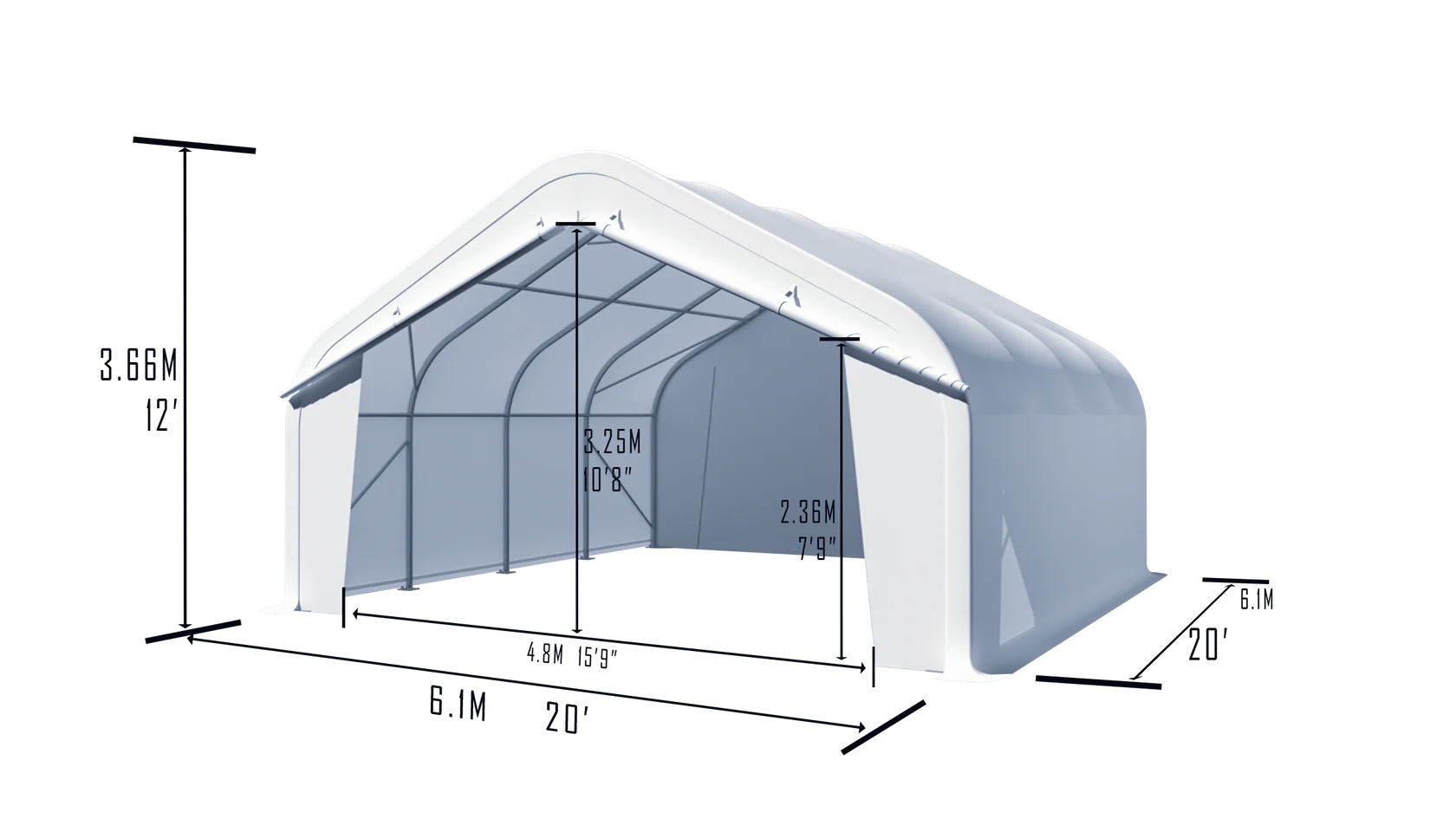 Gold Mountain Single Truss Round Storage Shelter W20'xL20'xH12' - 420g PVC 5ft Arch space