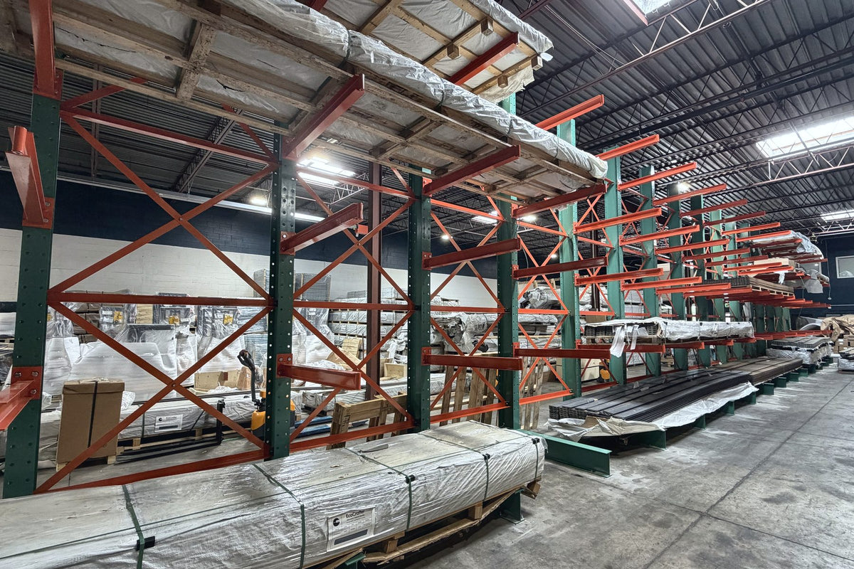 Cantilever racking loaded with steel and lumber at the GETSUP warehouse in Mississauga, Ontario
