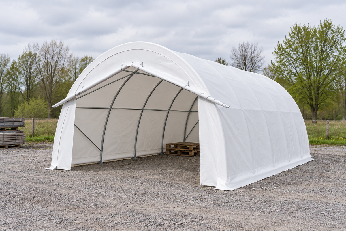 Illustrative round fabric storage shelter in an outdoor storage yard