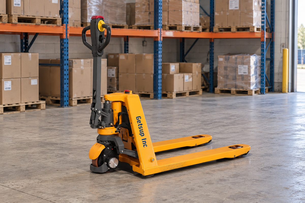 Illustrative warehouse scene with a GETSUP electric pallet truck