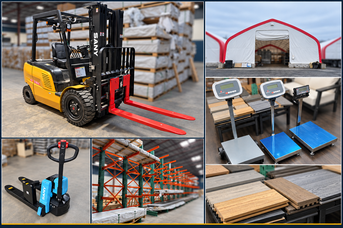 GETSUP product photo collage featuring a SANY forklift, electric pallet truck, cantilever racking, storage shelter, digital scales and composite decking