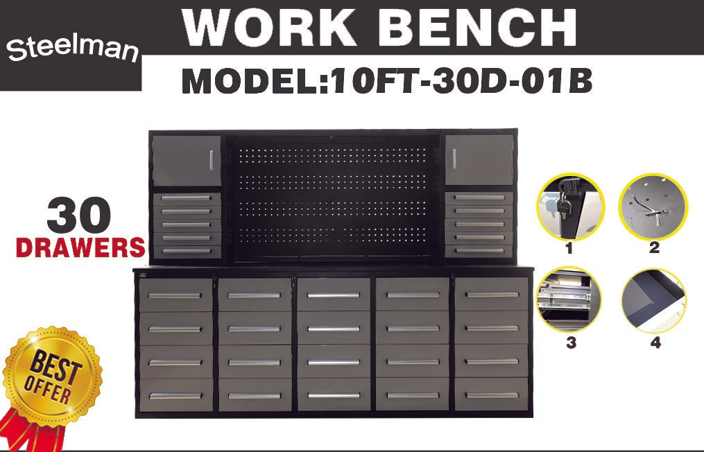 Steelman 10' Stainless Steel Garage Cabinet Workbench (30 Drawers & 2 Cabinets)