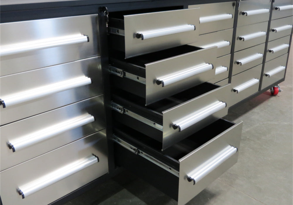 Steelman 10' Stainless Steel Garage Cabinet Workbench (30 Drawers & 2 Cabinets)